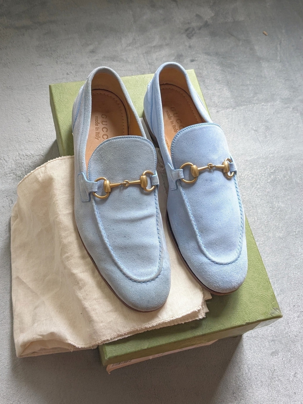Gucci Light Blue Suede Horsebit Loafers Men US 8.5 Leather Slip Ons
